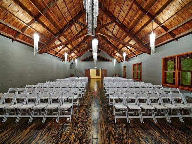 STUDIO B - Ceremony & Reception combo with guest seating for 88. Front view.
